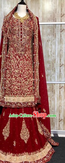 South Asia  Indian Court Bride Red Costumes Traditional   India Wedding Luxury Embroidered Dress for Women