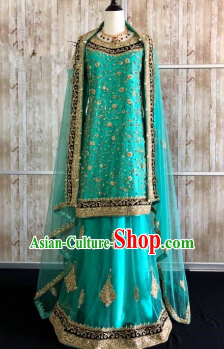 South Asia  Indian Bride Green Dress Traditional   India Hui Nationality Wedding Luxury Embroidered Costumes for Women