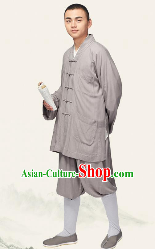 Traditional Chinese Monk Costume Meditation Grey Outfits Shirt and Pants for Men