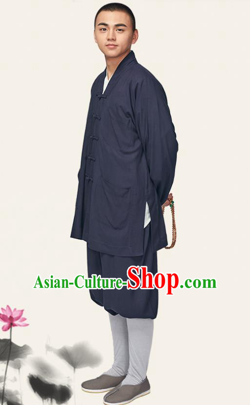 Traditional Chinese Monk Costume Meditation Navy Outfits Shirt and Pants for Men