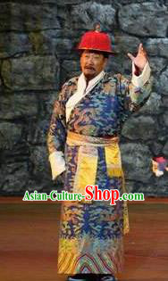 Lang SaWenBo Traditional Chinese Tibetan Nationality Chieftain Stage Performance Royalblue Costumes and Headwear for Men