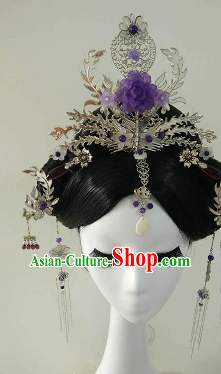 Traditional Chinese Classical Hairpins Purple Peony Phoenix Hair Crown Ancient Princess Hanfu Hair Accessories for Women