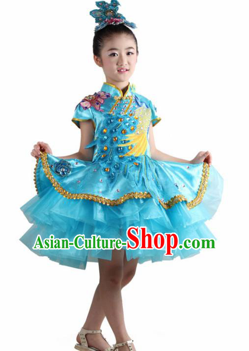 Traditional Chinese Children Classical Dance Blue Veil Dress Stage Show Costume for Kids