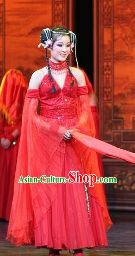Chinese Impression of Suzhou Classical Dance Red Dress Stage Performance Costume and Headpiece for Women