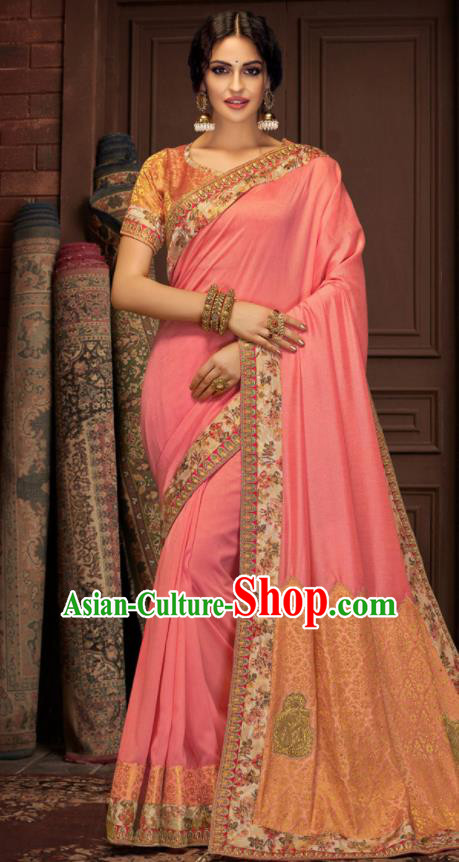 Asian Indian Court Pink Silk Embroidered Sari Dress India Traditional Bollywood Costumes for Women