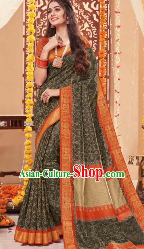Asian Traditional Indian National Grey Black Cotton Sari Dress India Lehenga Bollywood Costumes for Women