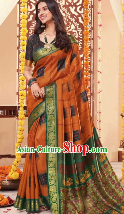 Asian Traditional Indian National Printing Orange Cotton Sari Dress India Lehenga Bollywood Costumes for Women