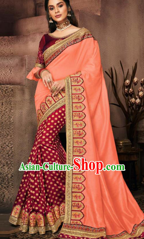 Indian Traditional Court Bollywood Pink Satin Sari Dress Asian India National Festival Costumes for Women