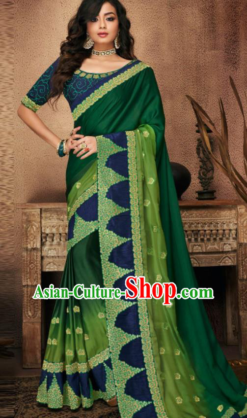 Indian Traditional Court Bollywood Deep Green Satin Sari Dress Asian India National Festival Costumes for Women