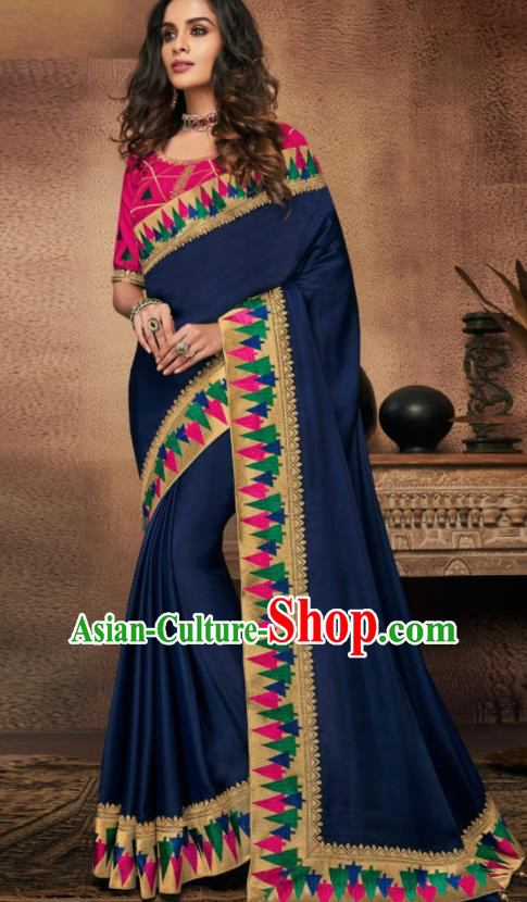 Indian Traditional Court Bollywood Navy Satin Sari Dress Asian India National Festival Costumes for Women