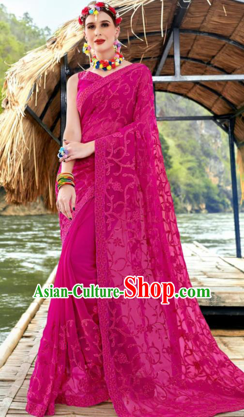 Indian Traditional Bollywood Court Embroidered Rosy Georgette Sari Dress Asian India National Festival Costumes for Women