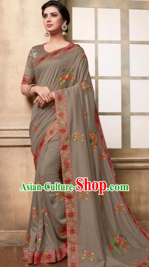 Indian Traditional Bollywood Embroidered Grey Silk Sari Dress Asian India National Festival Costumes for Women