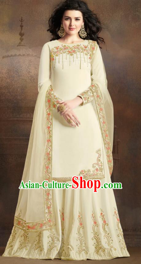 Asian Indian Traditional Embroidered Beige Satin Blouse and Loose Pants India Punjabis Lehenga Choli Costumes Complete Set for Women