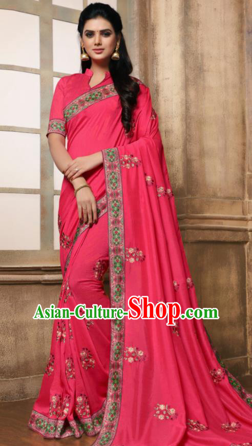 Indian Traditional Bollywood Embroidered Rosy Silk Sari Dress Asian India National Festival Costumes for Women