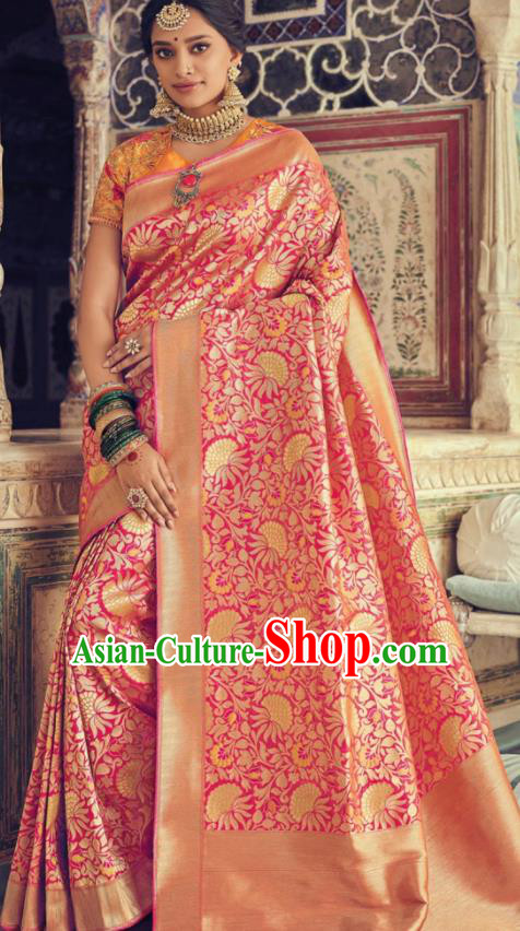 Indian Traditional Festival Rosy Silk Sari Dress Asian India National Court Bollywood Costumes for Women