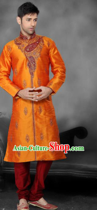 Asian Indian Sherwani Bridegroom Embroidered Orange Clothing India Traditional Wedding Costumes Complete Set for Men