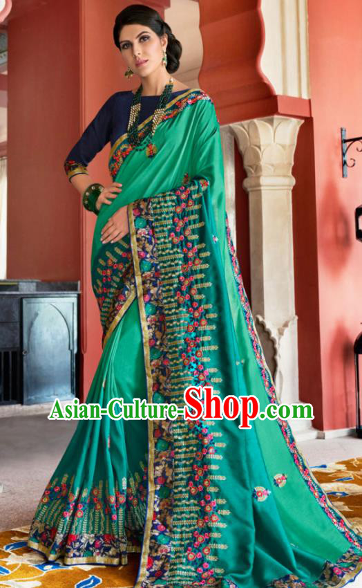 Traditional Indian Court Queen Embroidered Green Silk Sari Dress Asian India National Bollywood Costumes for Women