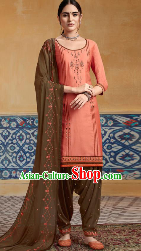 Traditional Indian Punjab Pink Satin Blouse and Khaki Pants Asian India National Costumes for Women