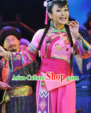 Huang Si Jie Chinese Tujia Minority Pink Dress Stage Performance Dance Costume and Headpiece for Women