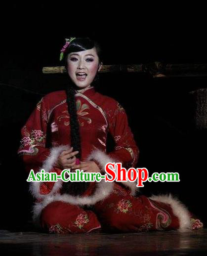 Drama Lan Huahua Chinese Folk Dance Red Dress Stage Performance Dance Costume and Headpiece for Women