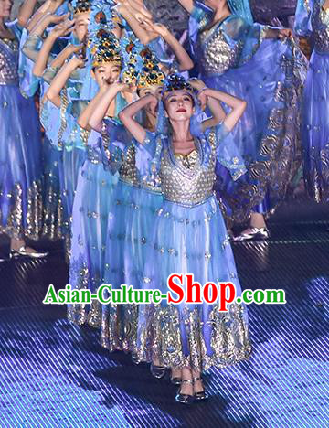 Mu Lan Qiu Xian Ceremony Chinese Classical Dance Blue Dress Stage Performance Dance Costume and Headpiece for Women