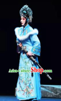 Mei Hua Zan Ceremony Chinese Beijing Opera Princess Blue Dress Stage Performance Dance Costume and Headpiece for Women