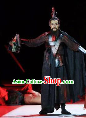 Drama Chinese Orphan Chinese Ancient General Black Clothing Stage Performance Dance Costume and Headpiece for Men