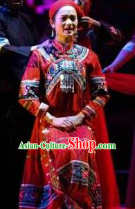 Buyi Ba Yin Chinese Bouyei Nationality Wedding Red Dress Stage Performance Dance Costume and Headpiece for Women