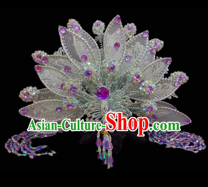 Chinese Traditional Beijing Opera Hair Accessories Peking Opera Diva Purple Beads Phoenix Coronet for Adults