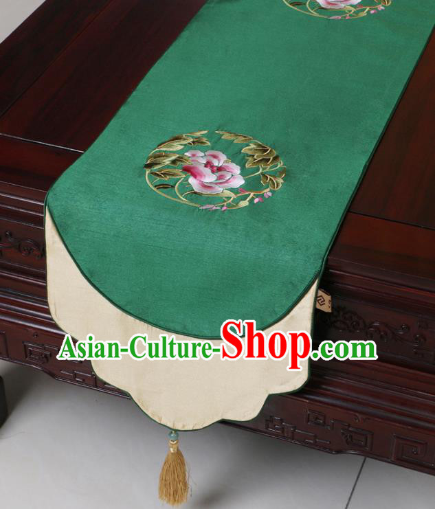 Chinese Traditional Embroidered Peony Green Brocade Table Cloth Classical Satin Household Ornament Table Flag