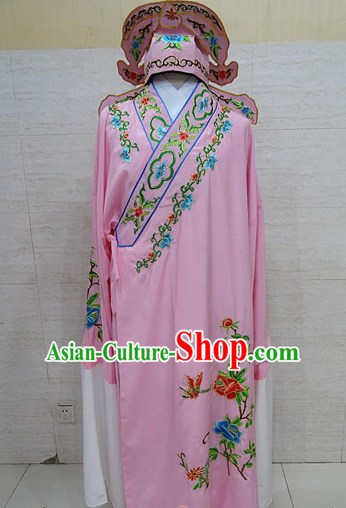 Professional Chinese Beijing Opera Niche Embroidered Peony Pink Robe Traditional Peking Opera Scholar Costume for Adults