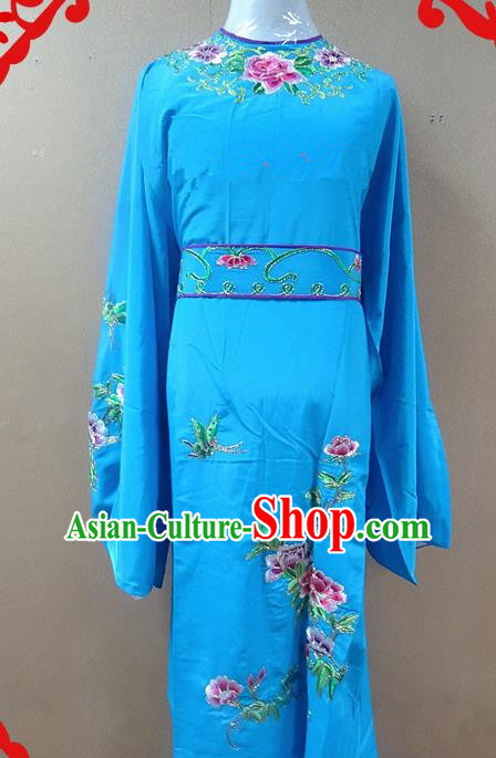 Professional Chinese Beijing Opera Niche Deep Blue Embroidered Peony Robe Traditional Peking Opera Scholar Costume for Adults