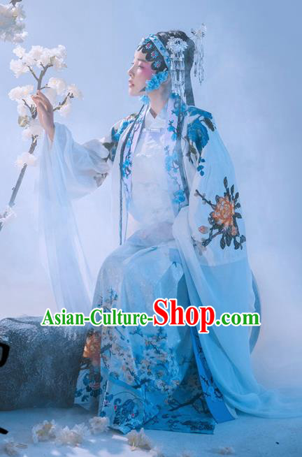 Chinese Ancient Drama Blue Hanfu Dress Traditional Beijing Opera Historical Costume and Headpiece Complete Set