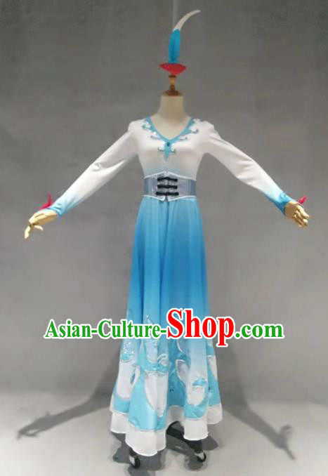 Traditional Chinese Classical Dance Costume China Stage Performance Dance Blue Dress for Women