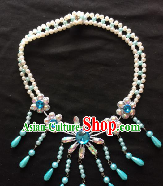 Asian Chinese Beijing Opera Jewelry Accessories Pearls Blue Flower Necklace for Women