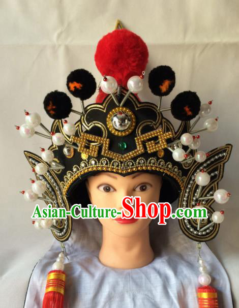 Asian Chinese Traditional Beijing Opera Takefu Headwear Ancient Warrior Black Helmet Hat for Men