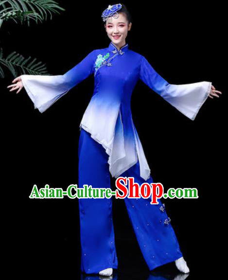 Traditional Chinese Stage Performance Folk Dance Costume Fan Dance Royalblue Clothing for Women