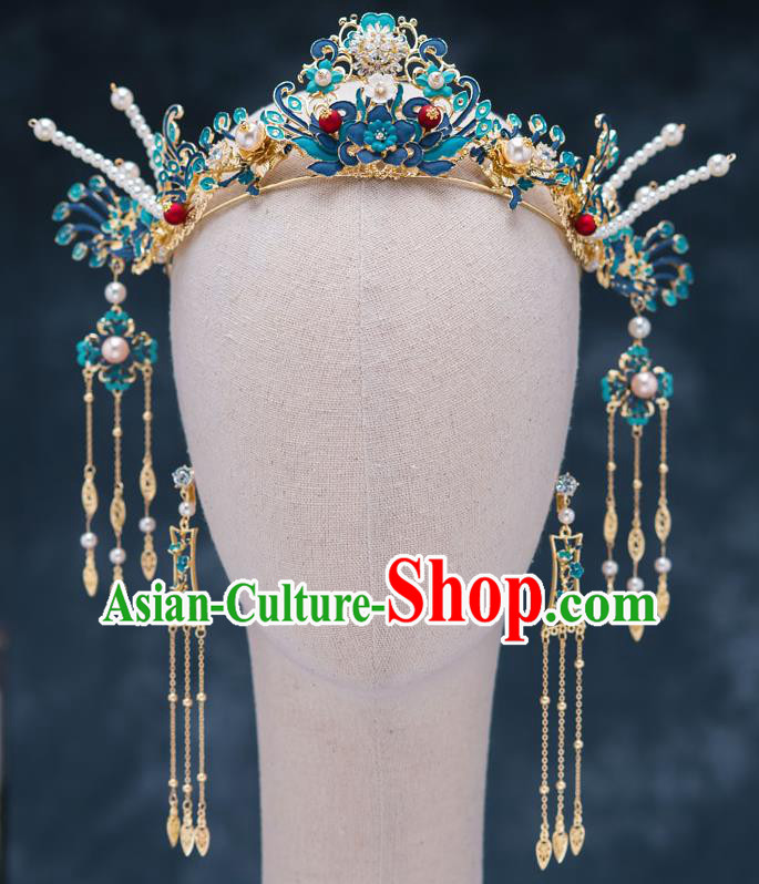 Chinese Ancient Bride Hair Accessories Wedding Blueing Phoenix Coronet Traditional Hanfu Hairpins for Women