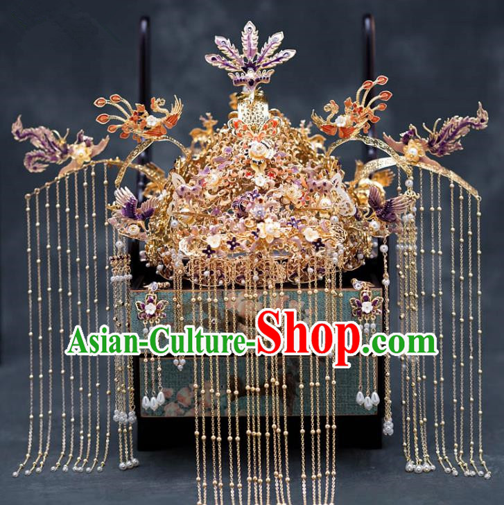 Chinese Ancient Palace Hair Accessories Hairpins Traditional Bride Purple Phoenix Coronet for Women