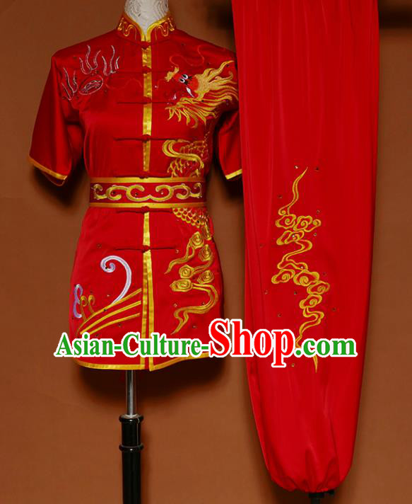 Top Kung Fu Group Competition Costume Martial Arts Training Embroidered Dragon Red Uniform for Men