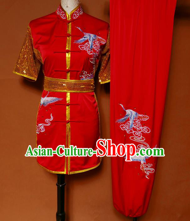 Top Kung Fu Group Competition Costume Martial Arts Training Embroidered Cranes Red Uniform for Men