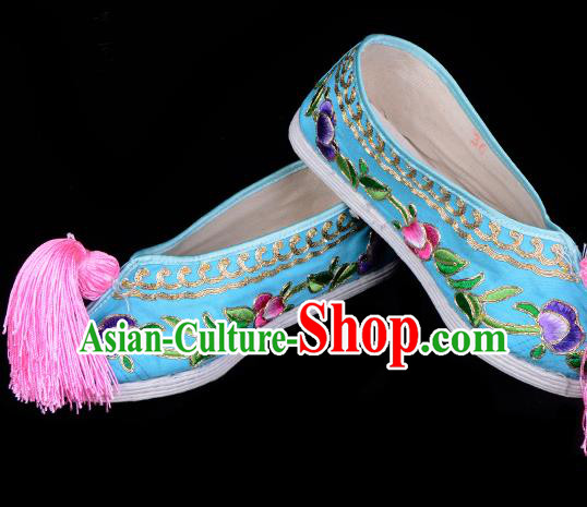 Professional Chinese Beijing Opera Princess Shoes Ancient Peri Deep Blue Embroidered Shoes for Women