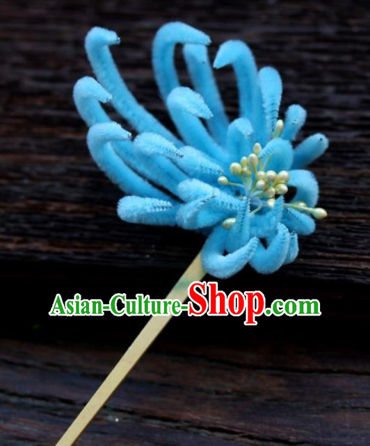 Top Grade Chinese Ancient Palace Queen Blue Velvet Chrysanthemum Hairpins Traditional Hair Accessories Headdress for Women
