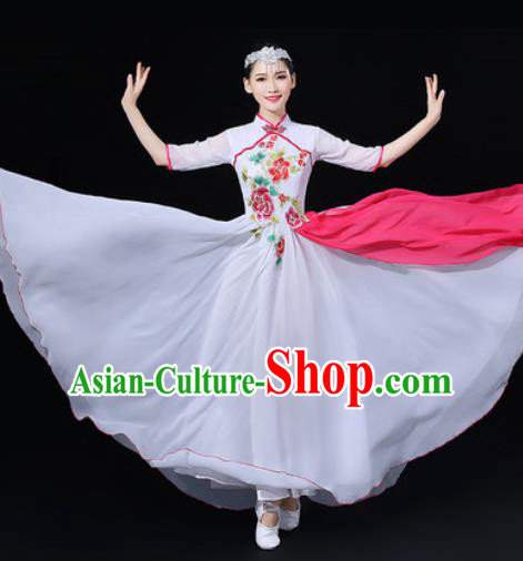 Chinese Traditional Classical Dance Embroidered Peony White Dress Umbrella Dance Stage Performance Costume for Women