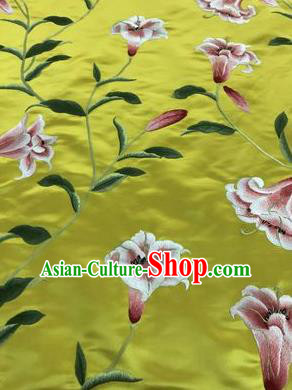 Asian Chinese Embroidered Lily Flowers Pattern Yellow Silk Fabric Material Traditional Cheongsam Brocade Fabric
