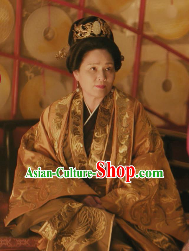 Drama The Story Of MingLan Chinese Ancient Song Dynasty Queen Dowager Embroidered Historical Costume and Headpiece Complete Set