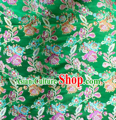 Asian Chinese Classical Peony Flowers Pattern Green Nanjing Brocade Traditional Tibetan Robe Satin Fabric Silk Material
