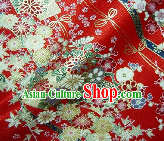 Asian Traditional Kimono Classical Sakura Pattern Red Nishijin Brocade Tapestry Satin Fabric Japanese Silk Material