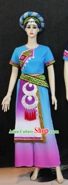 Chinese Traditional Zhuang Nationality Female Blue Dress Ethnic Folk Dance Costume for Women