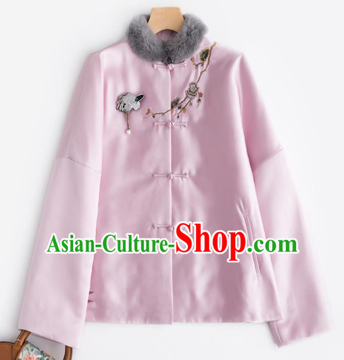 Chinese Traditional Tang Suit Pink Cotton Wadded Jacket National Costume Upper Outer Garment for Women